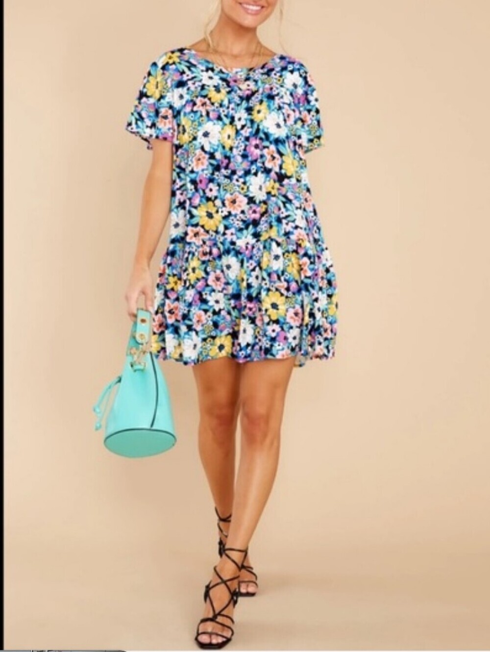 Storia-"Sunny Days" Blue Multi Floral Print Mini Babydoll Dress-Size Large